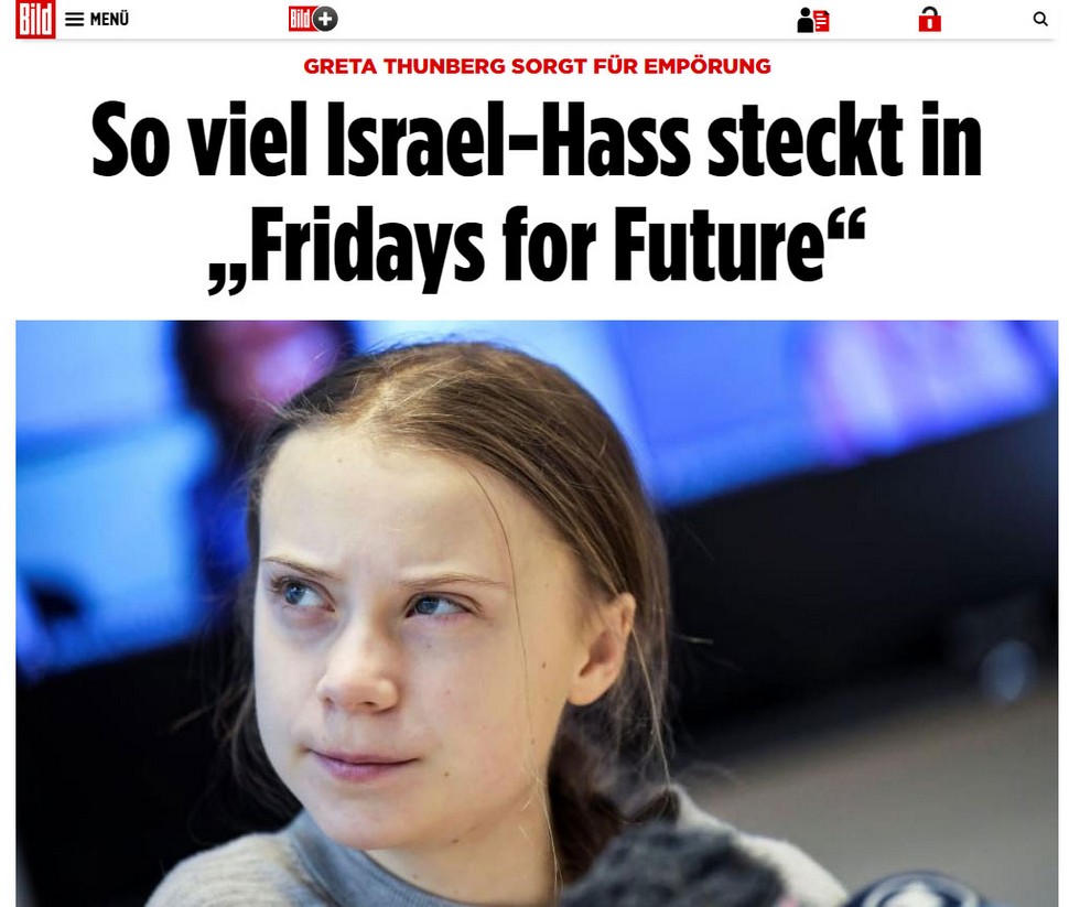 Man muss nicht alles glauben: Laut BILD schauen "Klima-Ikone" Greta Thunberg und FFF böse Richtung Nahost. Screenshot: www.bild.de  