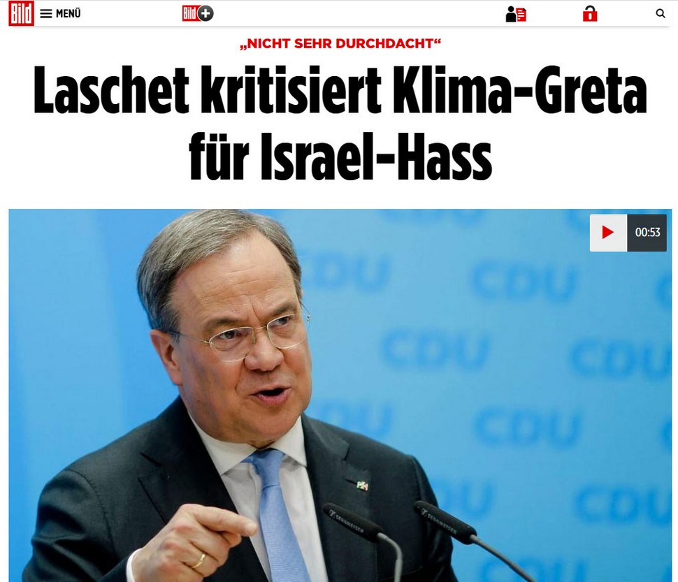 Armin Laschet, Ministerpräsident eines Braunkohlelandes und CDU-Kanzlerkandidat, fällt Kritik an Klimaschützerin Greta nicht schwer. Screenshot: bild.de