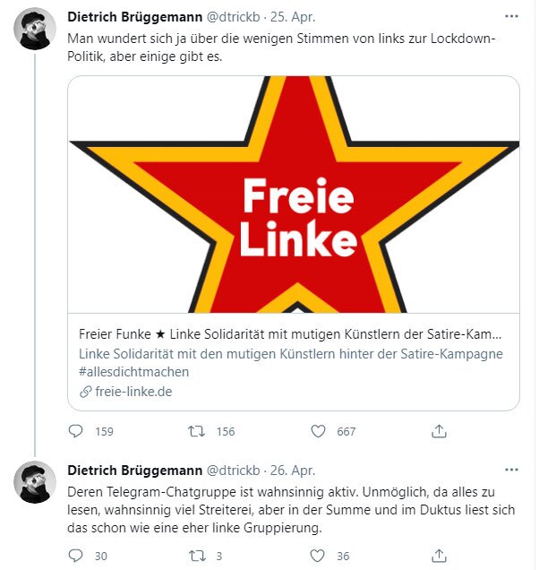 Zur Freude des Herrn Brüggemann: "Linke Solidarität mit den "mutigen Künstler der Satire-Kampagne". Quelle Twitter
